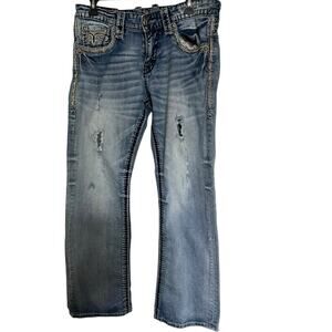 Rock Revival Kevin Jeans Women’s 32 Relaxed Faded Blue Embroidered Retro